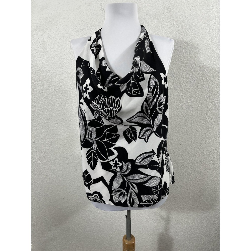 Daisy Fuentes Halter Top Womens Large Black White‎ Floral Cowl Neck Y2K Style